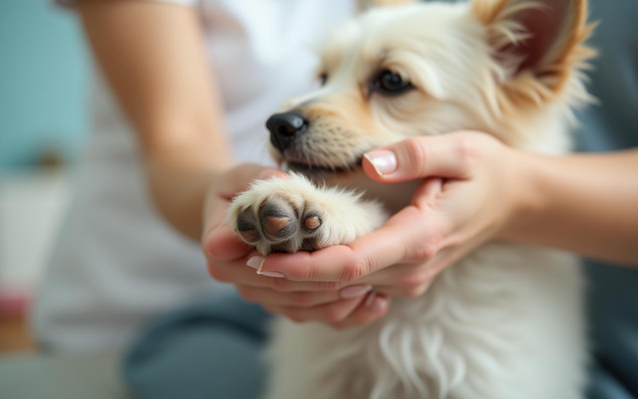 Close-up of a groomer gently holding a dog's paw, preparing for a nail trim