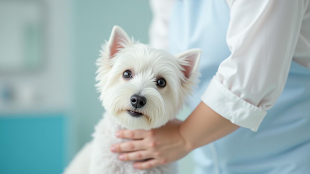 A relaxed West Highland White Terrier being gently bathed by a groomer, illustrating sensitive skin care.