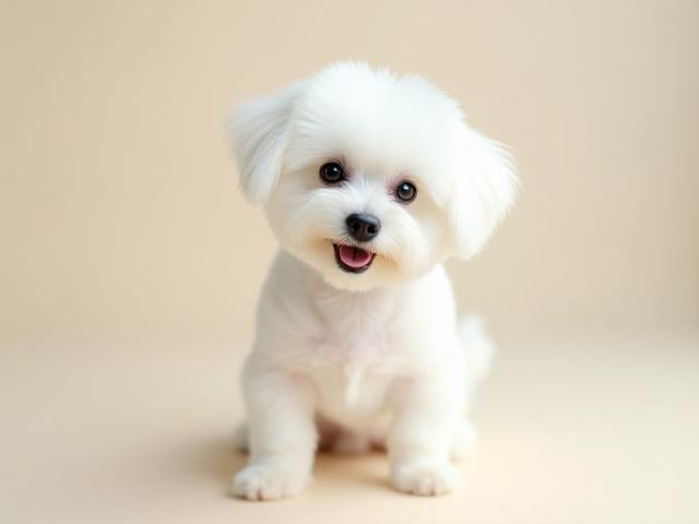 A fluffy Maltese with a pristine white coat, expertly styled in a short 'puppy cut,' looking playful and immaculately clean.