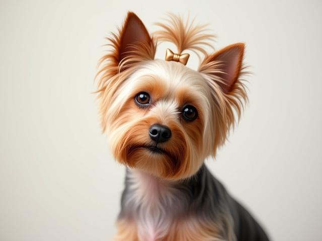 A perfectly groomed Yorkie with a stylish silky top knot, clean face, and bright eyes, exuding confidence.